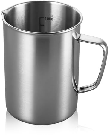 Messbecher Edelstahl 1L, Milchkännchen mit Markierung und Griff Messkanne 1000ml Metall Milk Pitcher Messbecher Tropfschutz Robust für Küche Bar Teeladen