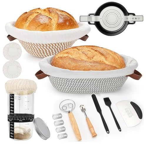 Minicoco Sourdough Starter Kit 13PCS Sourdough Bread Set 10 Round & Oval Bread Proving Basket Bread Baking Supplies with Glass Sourdough Starter Jar Bread Fermentation Basket Gift for Baking Lover