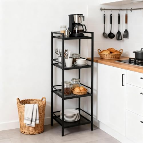 Metall Lagerregal, Robust Küchenregal 4-stöckig, Badezimmer-Aufbewahrungsregal, Schwerlastregal, Organizer, Multifunktionales Regal für Wohnzimmer, Schlafzimmer, Küche, 39 x 30 x 112 cm, Schwarz