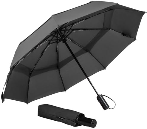 LANBRELLA Windproof Travel Umbrella, Vented Folding Umbrella, Compact Double Canopy Auto Open Close 42 Inch-L1.1 Black