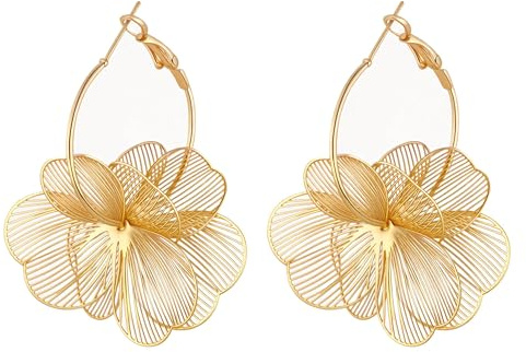 MIYUEFAN Boucle d'oreille Fleur pour Femme, Hypoallergéniques Grandes Boucle d'oreille Pendentif Fleur Plaqué or 14K, Bijoux Cadeau pour Fête des Mères Mariage Anniversaire (Or - Style A)