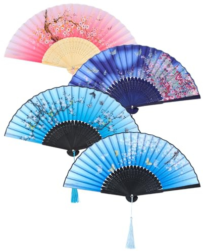 saerryor 4 Pack Hand Folding Fans Vintage Chinese Style Silk Fan with Bamboo Handle and Tassel Handheld Folding Fan for Wedding Performance Dancing Home