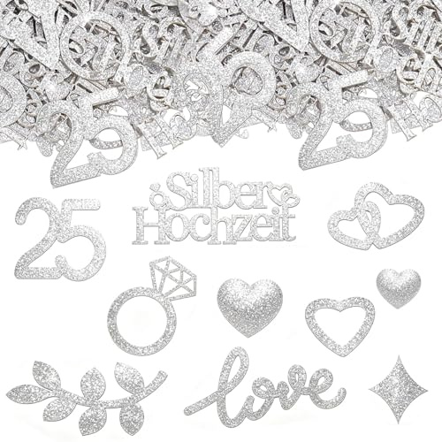 Ovanda 100 Silberhochzeit Konfetti 25 Jahre aus Glitzerpapier für Tischdeko | Mit Herz, Ring und Eukalyptusmotiven; für Geschenktisch, Candy Bar, Karten, Geschenkboxen und Jubiläumsfeiern.