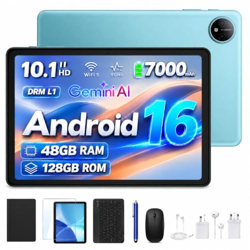 Luzglo P10 Tablet Android 16, Tablet 10 Pulgadas 48GB RAM+128GB ROM/2TB TF, Gemini AI, 90Hz Screen, 7000mAh, 5W OTG, 5G WiFi, Face ID, OTG, GPS, 3.5mm, Widevine L1, Tableta con Teclado y Lapiz, Azul