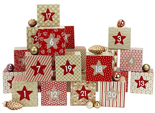 Papierdrachen DIY 2025 Adventskalender Kisten Set - Motiv Rot-beige - 24 bunte Schachteln zum Aufstellen und zum Befüllen - 24 Boxen - von Papierdrachen