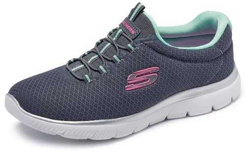 Skechers Mujer Summits 12980 Zapatillas, Charcoal Mesh/Green & Pink Trim, 40 EU