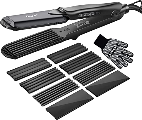 Hair Crimper, CkeyiN Professional Crimping Iron and Straighter with Heat Resistant Glove Adjustable Temperature Dual Voltage 4 Interchangeable Ceramic Plates (Black)