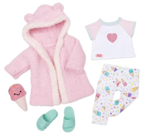 Our Generation Eiscreme-Träume Eiscreme-Pyjama-Outfit mit Plüsch-Eistüte | Puppenkleidung für 46-cm-Puppen mit Kapuzenbademantel, Oberteil, Pyjamahose, Plüsch-Eistüte und Sandalen, 3+ Jahre