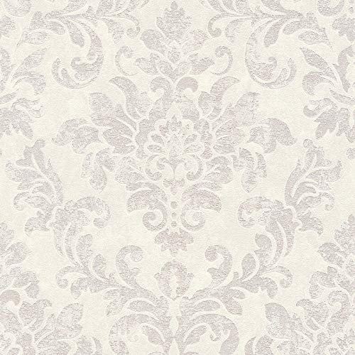 Papier peint baroque | Papier peint damassé 374133 | Papier peint blanc pastel rosé | Déco papier peint chambre & couloir | Papier peint chic