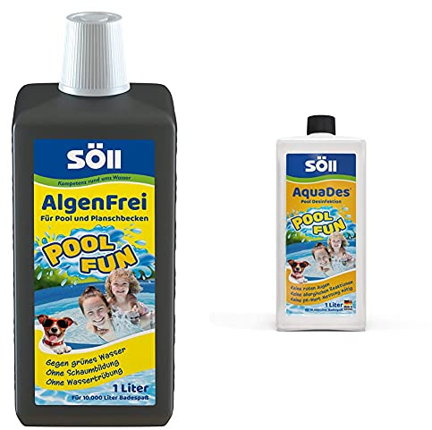 Söll 31130 AlgenFrei Pool Fun Algenmittel Reinigungsmittel flüssig 1 l - wirksamer Poolreiniger & 31430 AquaDes Pool-Desinfektion flüssig 1 l - wirksame Poolreinigung Wasserpflege