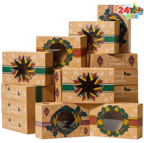 JOYIN 24 vereitelte Kraft Weihnachtsplätzchen-Boxen mit Fenster 8,5 x 5,75 x 2,75, Treat-Boxen mit 3 Designs für Gebäck, Cupcakes, Brownies, Geschenke, Donut und Cookie, braun Kraft Bäckerei-Boxen