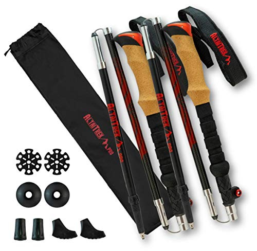 AltaiTrek PRO Bastones de Trekking de Fibra de Carbono Plegables con Sistema de Bloqueo rápido, ultraligeros para Senderismo, Camping de montaña. Mango de Corcho Natural. Par