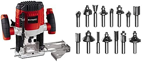 Einhell Défonceuse TC-RO 1155 E (1100 W, Régime 11000-30000 trs/min, Hauteur de levée : 55 mm, Pince de serrage : Ø 8 et Ø 6 mm, Butée révolver à plusieurs niveaux) + Kit de 15 fraises