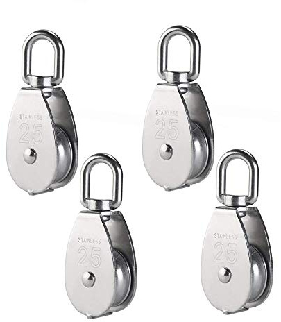 XLKJ 4 Stück 25MM Umlenkrolle, Flaschenzug Einzelsatz 304 Edelstahl, Schalen Riemenscheibe Roller für Seile, Tragkraft 331lbs/150kg - Silber