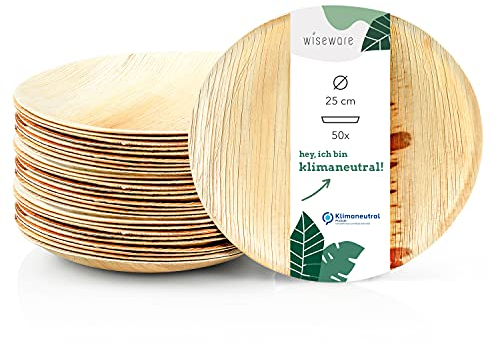 Wiseware Palmblatt Teller - 50 Stk. Einwegteller rund Ø 25 cm - biologisch abbaubares Palmblattgeschirr - kompostierbares Partygeschirr - Bio Einweggeschirr