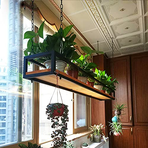 Scaffale vino Cucina Organizzare soffitto Cubo Flower Rack -wood e Metal Iron, Balcone Appeso cestino Home Pot Pan Rack Scaffali galleggianti-60/80/120/140/cm Decor Display Holder for Living Room Bar