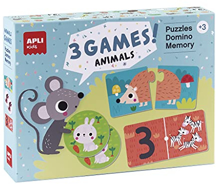 Apli kids 18798 - Set med 3 spel för barn med djurtema: pussel, minnesspel och domino.