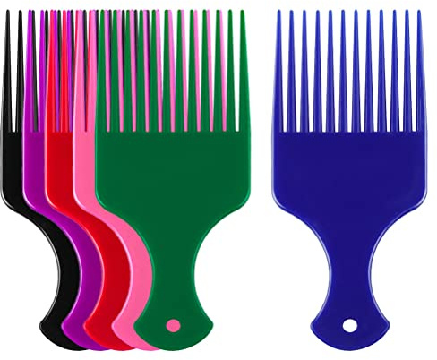 Huajiao Afro Comb Set, 6 Pack Wide Tooth Hair Picks, 6 Colours | Durable Plastic, Smooth Rounded Teeth, Easy-Grip Handle, For Curly And Natural Hair, Lightweight For Travel