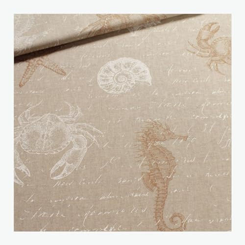 Stoff am Stück Stoff Baumwolle Polyester Rips natur Seestern Leinenoptik Krabbe Muschel Seepferdchen Maritim