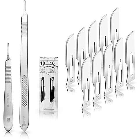 May Set: 10x Skalpellklinge Fig. 10 & 2 Skalpellhalter Edelstahl | 10 sterile Klingen inkl. 2 Haltern (13 & 21 cm) für die Podologie