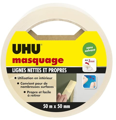 UHU Rollafix - Ruban de masquage - Intérieur - Multi-Surfaces : Métal, Carrelage, Verre, Bois, Plâtre - Pour travaux et loisirs de peinture - Extra large - Beige - Rouleau de 50 m x 50 mm
