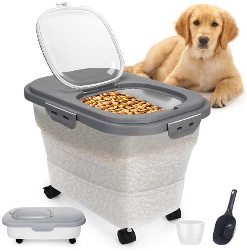 YECERCAN Pet Food Container, Collapsible Dog Food Storage Container with Detachable Casters & Airtight Lid for Keeping Dry Kibbles, With Dog Food Scoop and Measuaring Cups