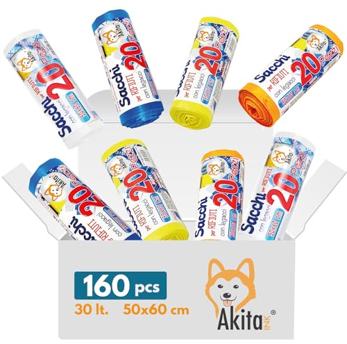 160 Sacchi spazzatura 50x60cm, 30 Litri, per Raccolta Differenziata AkitaINK - Sacchi Alta Resistenza - Blu, Giallo, Arancione, Trasparente