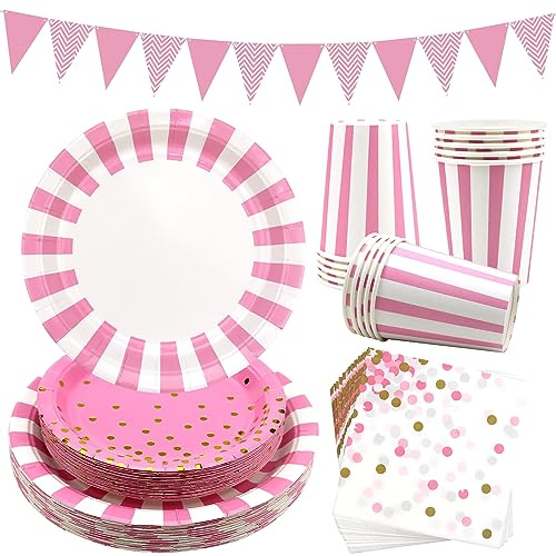 Obussgar Rosa Gestreiftes Geschirr Partyzubehör umfasst Teller, Servietten, Pappbecher für Geburtstagsfeiern, Abschlussfeiern, Hochzeiten, Babyparty (Rosa 24)