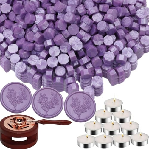 Wachs Siegel Set, Atopbb Siegel wachs Set mit 300PCS Lila Wachs Siegel Perlen, Wachs Siegel Warmer, Schmel zlöffel, 10 PCS Kerzen, Wachs Siegel Kit für Hochzeitseinladungen(Lila)