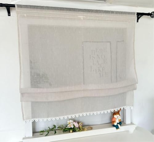 Vordesack Leinenoptik Raffrollo mit Floral-Kante Unifarbige Raffgardine mit Stangendurchzug Landhausstil Wohnzimmer halbtransparent Gardinenschal Küche Raffgardine 1 Stück Sand HxB 140x80cm