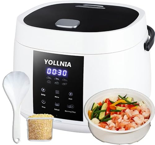 Yollnia 3L Rice Cooker 12 cups (Cooked), Mini Digital Rice Cooker,6 in 1 Multicooker for Grain, Preset and Reheat Options, 12-Hr Delay Timer, Auto Keep Warm, Non-Stick Inner Pot with Steaming Basket