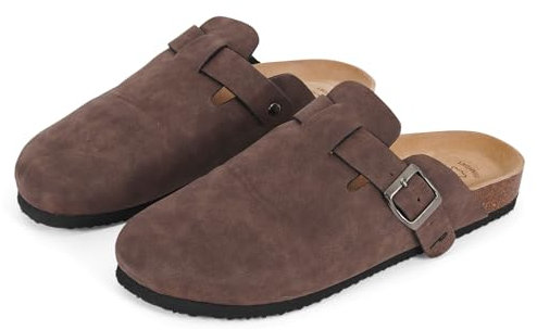 PERLETTI Sabot Uomo Comode Leggere Effetto Scamosciato - Ciabatte Invernali Estive Casa con Suola Antiscivolo Chiuse Fibbia Regolabile - Pantofole da Uomo Sandali Comfort (Marrone Suède, EU 42)