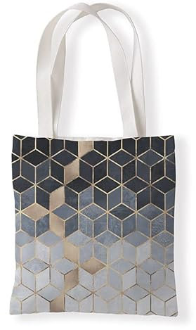Jutebeutel Graugold Geometrie Stoffbeutel Canvas Wiederverwendbare Beuteltasche Damen Kinder Büchertasche Einkaufsbeutel mit Henkeln Stofftasche Waschbar Tote Bag 33x37 cm