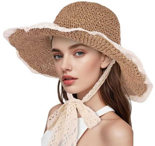 Sombrero de paja con encaje para mujer, sombrero de verano de ala ancha, plegable, para playa, viajes, enrollable, elegante sombrero de paja de ganchillo