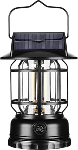 Linterna de camping solar, impermeable, recargable y portátil, COB para exteriores, jardín y decoración de patio, 4.65 x 6.65 pulgadas, 450 g, negro, aleación de aluminio ABS