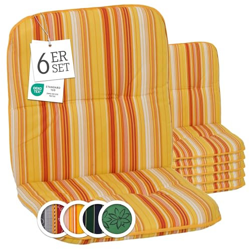Beo Bali Gartenstuhl-Auflagen Niedriglehner 96x47 cm, 6er Set orange gelb weiß gestreift | Waschbare, UV-beständige Sitz-Kissen | Atmungsaktive Polster-Auflagen nach Öko-Tex Standard | Made in EU