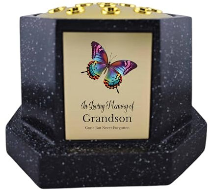 In Loving Memory Of Memorial Octagon Rose Bowl Grave Marker Flower Pot Vase With Butterfly Design Mum & Lots More Black/Gold (UV PRINTED) (Grandson)