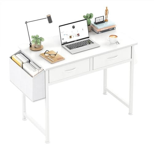 CAIYUN Kleiner Schreibtisch mit Stoffschubladen, 81.3 cm Schminktisch fürs Schlafzimmer, Home-Office-Computertisch für kleine Räume, Moderner Arbeits- und Laptoptisch mit Aufbewahrungstasche & Haken