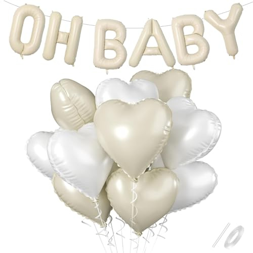 ALEGRE® Oh Baby Deko mit Herz Folienballon, Cremeweiß OH Baby Luftballon, Babyparty Deko Luftballons Geburtstag, OH Babye Ballon für Junge Mädchen Babye Shower Deko, Gender Reveal Babyparty Party Deko