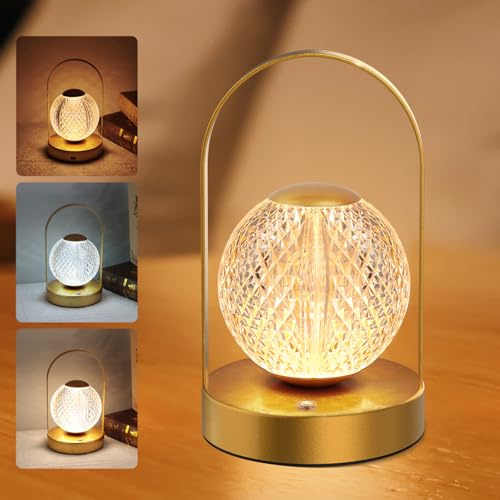 EXTRASTAR LED Tischlampe Kugelförmig mit Griff, Touch Dimmbare mit 3 Farbtemperaturen, USB-C-Ladung Kabellos Tischlampe, für Wohn- & Schlafzimmer, Metallic-Optik