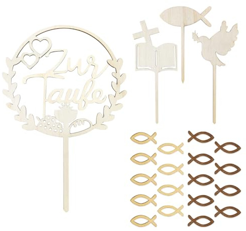 XFSRG Set Decoración Tarta Comunión en Madera Cake Topper Redondo 14x20 cm 3 Picks Paloma Biblia Pez 18 Peces Decorativos Decoración Comunión (B)