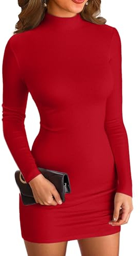 VICHYIE Abito sexy elegante da donna con collo mock, bodycon, miniabito a maniche lunghe, corto, aderente, Colore: rosso, S