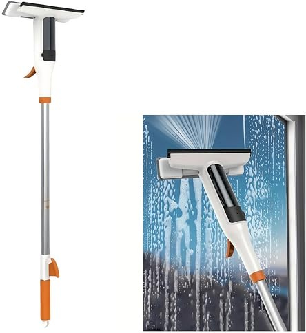 Azragon Telescopic Metal Rod Squeegee, 2 Silicone Scrapers, Windows/Car | Extends to Reach Tall Glass with Ease; Includes Soft Cloth; Built-In Sprayer for 1-Step Soapy Wash; Fits Shower Doors