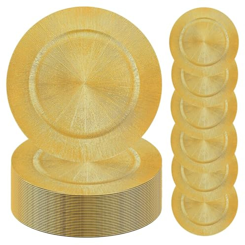 100 Pack Golden Charger Plate Bulk,13 Inch Plastices Gold Chargers Plates Dinner Round Tray Tableware Dish for Table Setting Wedding Holidays Party Decors (Gold)