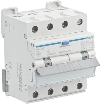HAGER ADX416D FI/LS-Schutzschalter kompaktes Gerät B16A 3-polig 3P+N, integrierter FI-Schutzschalter 30mA nur 71mm Breite 4TE
