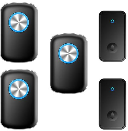 SLDAGe Självdrivna Trådlösa Dörrklocka Kit med 3 Mottagare och 2 Knappar, Inget Batteri Krävs 500ft-Intervall, IP68 Vattentät och 60 Ringtoner, Trådlös Plugg i Dörrklockor, Dörr Ingångsklocka,Black