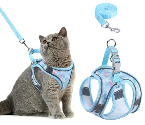 Brifit Cat Harness and Lead Set, Soft Mesh Escape Proof Cat Vest Harness, Adjustable Kitten Harness with Reflective Strip, Breathable Leash Sets for Small Cats and dogs Walking(XS Blue)