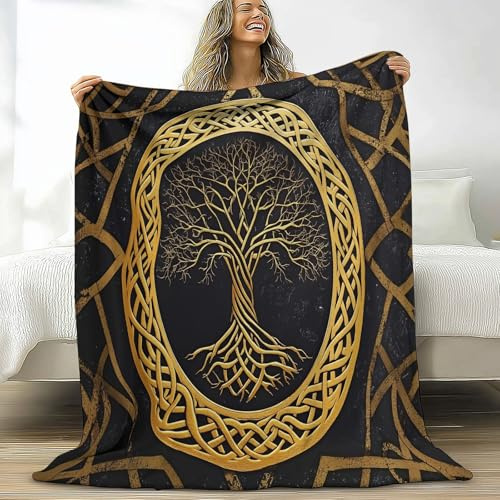 Generisch Kuscheldecke 130 x 150 cm Flanell Wolle Decke für Sofa und Bett Keltischer Knoten Lebensbaum, Weich Gemütliche Fleecedecke für Damen Herren Kinder Baby Gold Bedruckte Decken