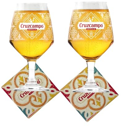 Laurie's Pub and Bar Accessories | Cruzcampo Premium Beer Glass Set of 2 with Ceramic Coasters