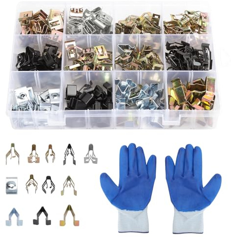 GZRXIOUS 240PCS Auto Befestigung Clips Metall Set, Dashboard Metallclip,12 Verschiedene Innenverkleidung, Kofferraum Verkleidung Befestigungsklammern, Rostfreie mit Arbeitshandschuhen, Universal Auto